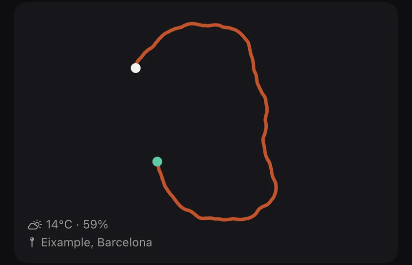 The route of the run drawn in coral, from Eixample, Barcelona, 14 degrees and 59 percent humidity