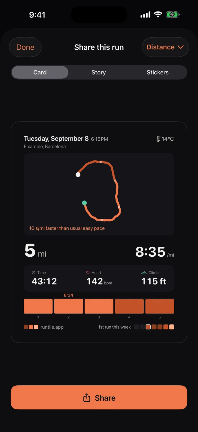 Card: a dark card with the route, 5 miles, 8:35 pace, time, heart rate, climb and splits