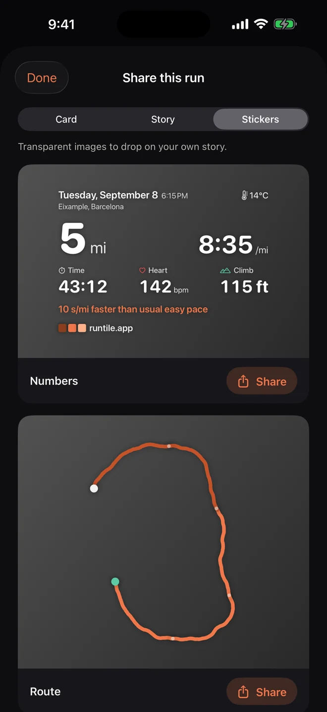 Stickers: the numbers and the route as transparent images, each with its own share button