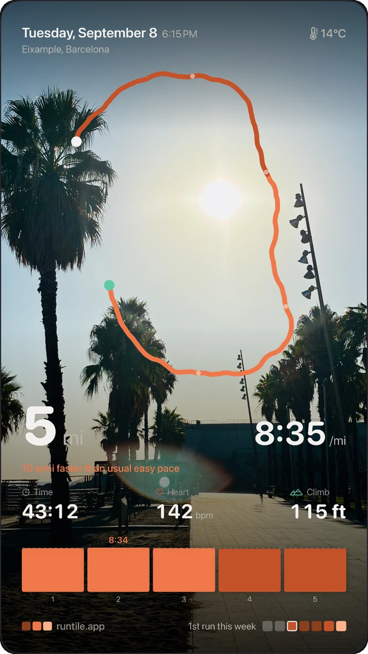 A story made in Runtile: a 5 mile run at 8:35 per mile with the route and splits over a photo of palm trees at Barceloneta beach