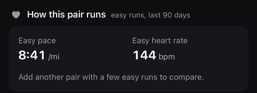 How this pair runs, easy runs in the last 90 days: 8:41 per mile at 144 bpm