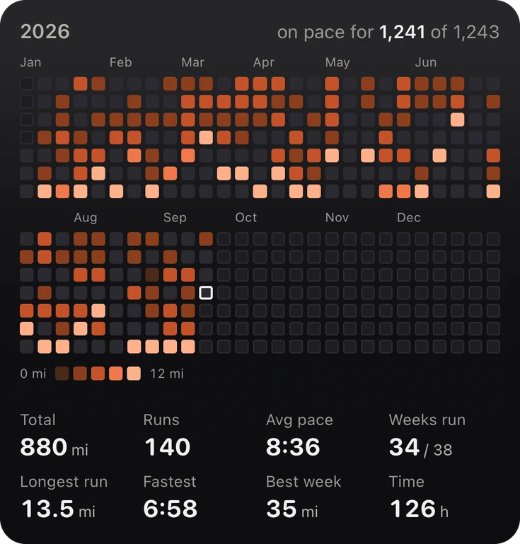 Heatmap widget, large: the whole year of tiles with totals, longest run, fastest pace and best week