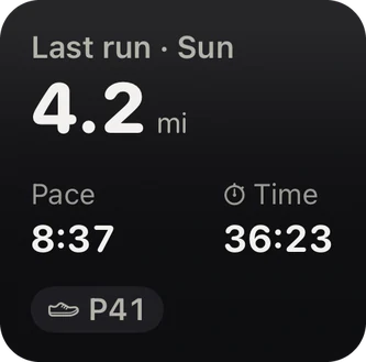 Last Run widget, small: 4.2 miles on Sunday at 8:37 pace, shoe P41