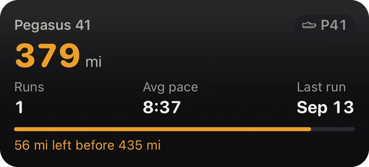 Shoe widget, medium: Pegasus 41 at 379 miles, 56 miles left