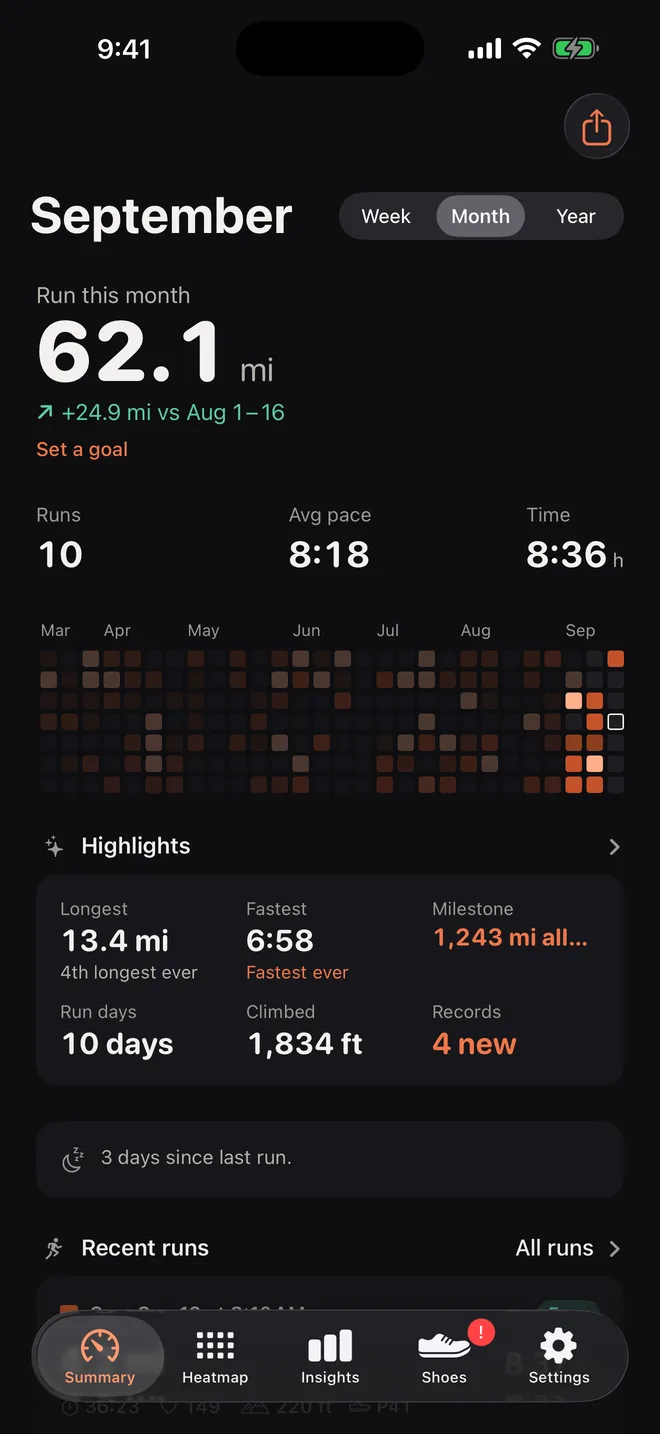 Runtile home screen: the running distance for this month, the change against last month, runs, pace and a grid of tiles