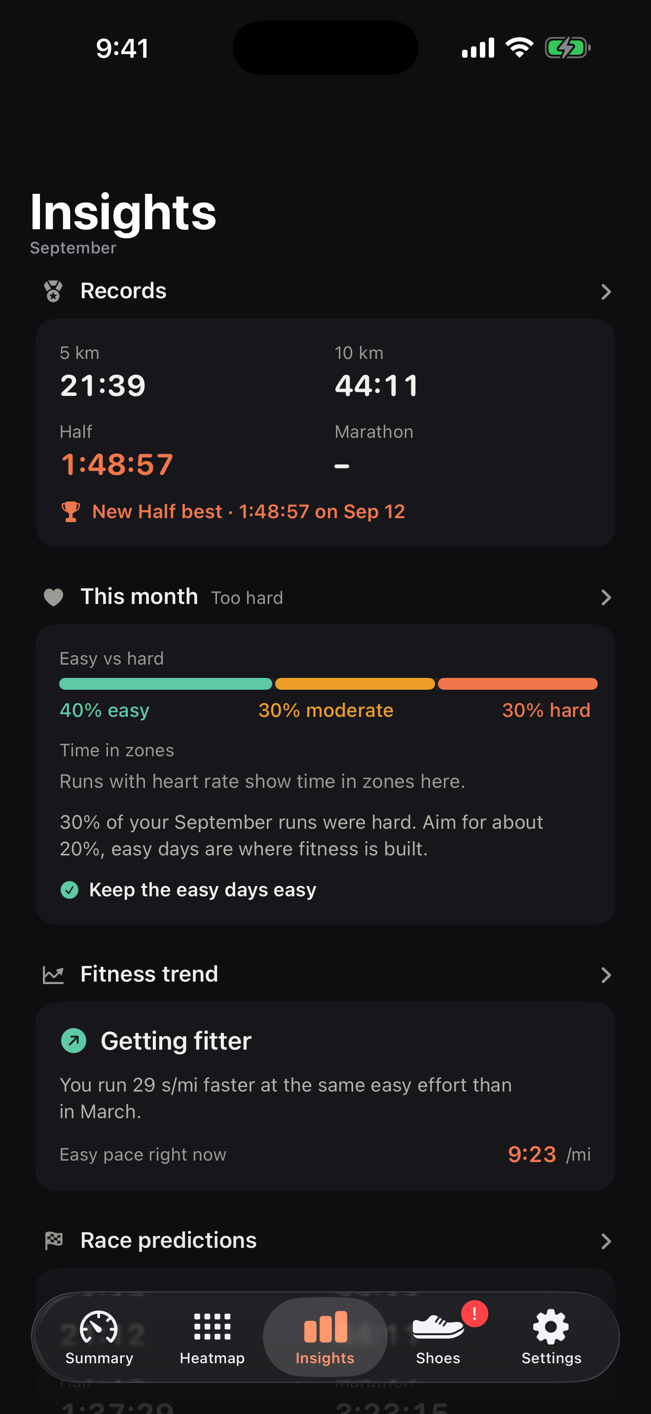 Insights: personal bests, 40 percent easy runs this month and a fitness trend that says getting fitter