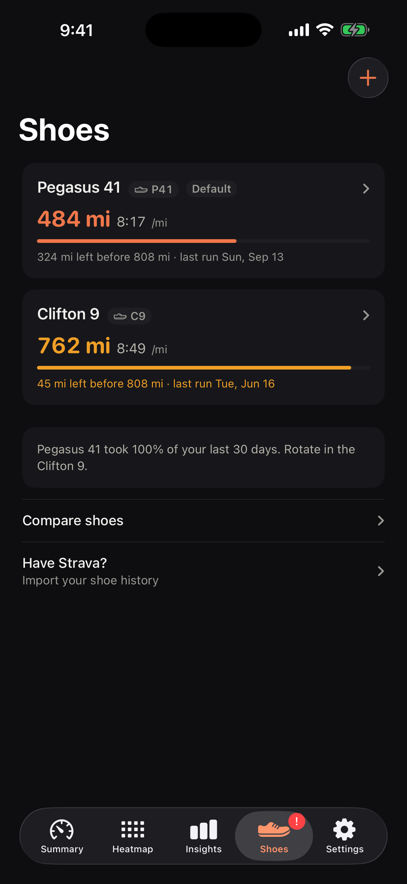 Shoes: Pegasus 41 at 484 mi and Clifton 9 at 762 mi, with a tip to rotate pairs