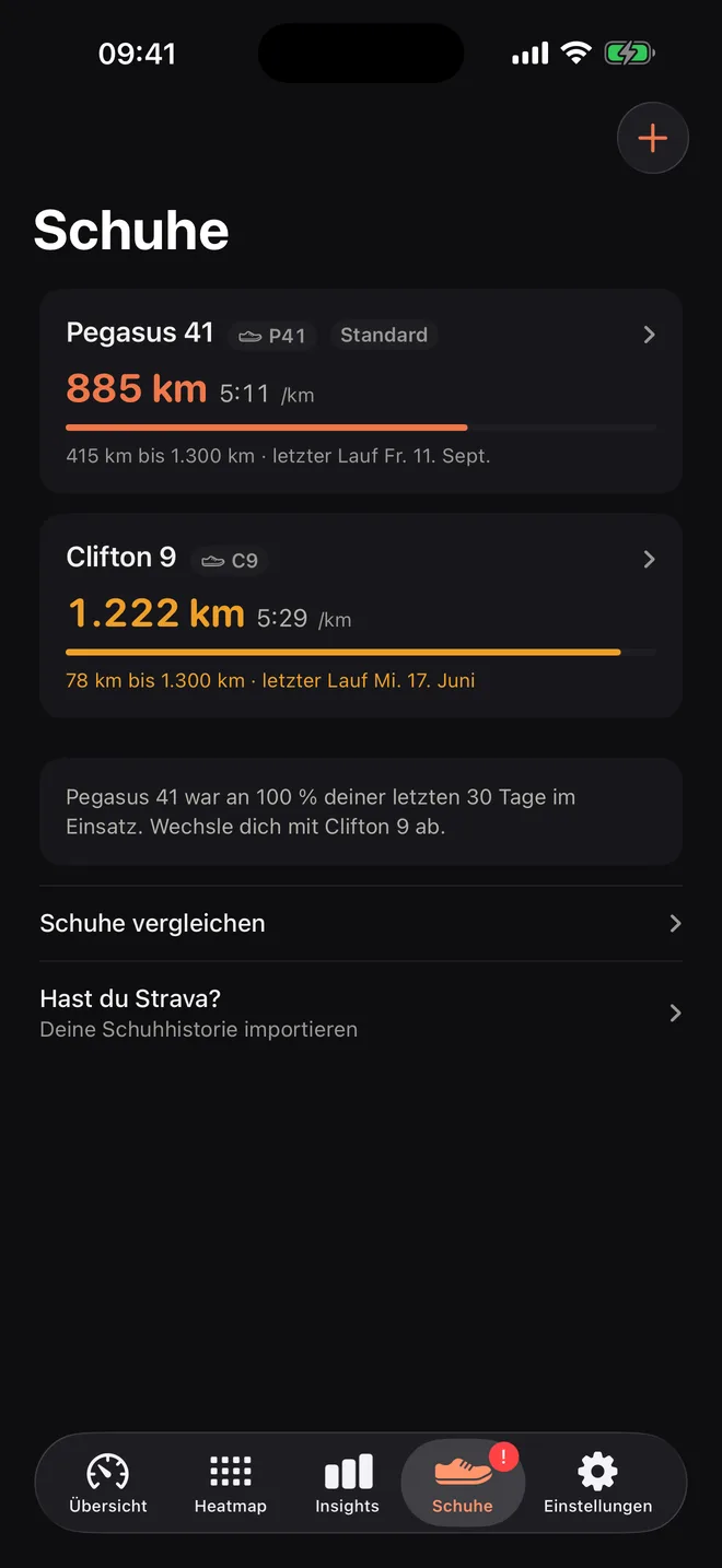 Schuhe: Pegasus 41 mit 779 km und Clifton 9 mit 1.226 km, dazu der Tipp, zwei Paare abzuwechseln