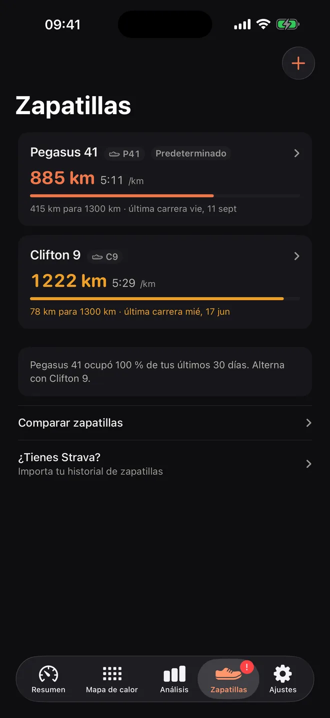 Zapatillas: unas Pegasus 41 con 779 km y unas Clifton 9 con 1.226 km, con un consejo para alternar pares