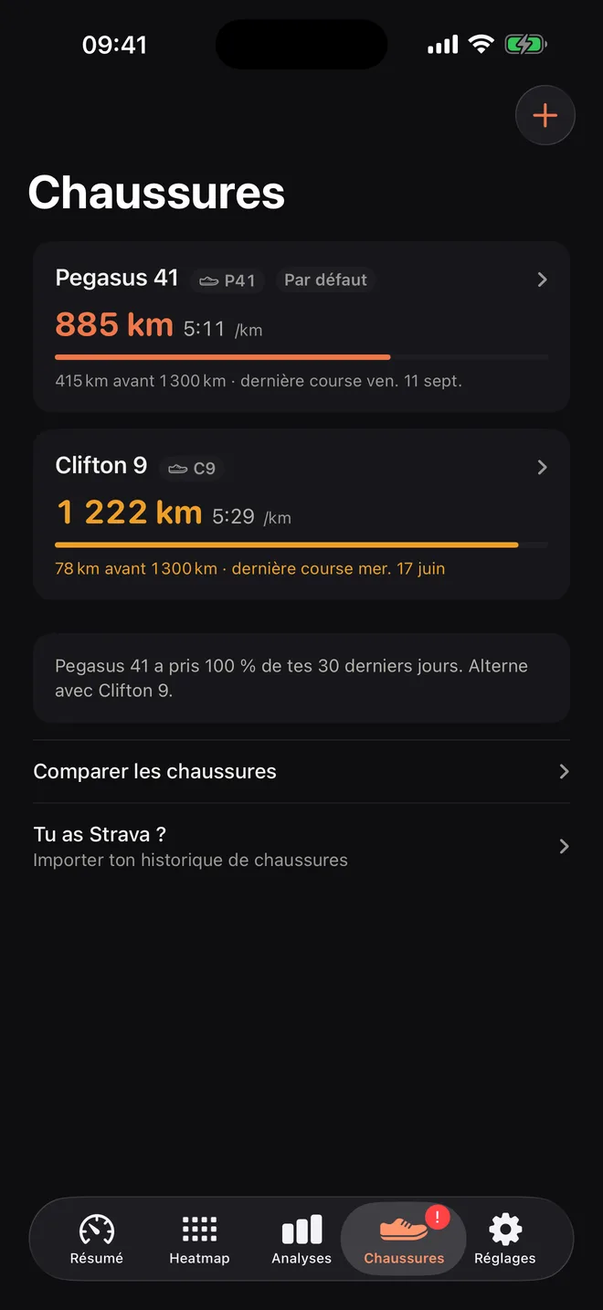Chaussures : Pegasus 41 à 779 km et Clifton 9 à 1 226 km, avec un conseil pour alterner les paires