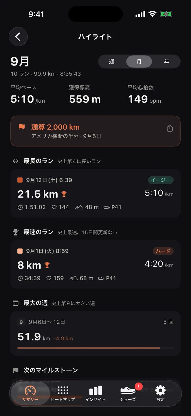 9月のハイライト：2,000 kmのマイルストーン、いちばん長いラン、いちばん速いラン、いちばん走った週