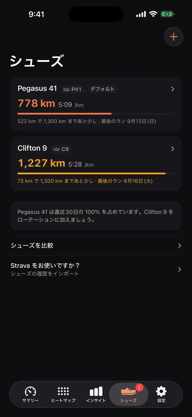 シューズ：Pegasus 41が779 km、Clifton 9が1,226 km、ローテーションのすすめ付き