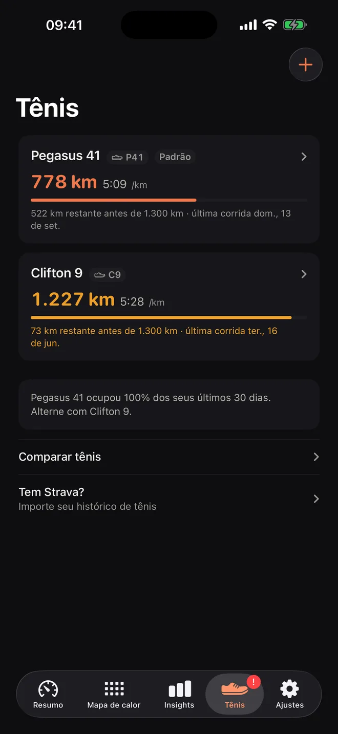 Tênis: Pegasus 41 com 779 km e Clifton 9 com 1.226 km, com uma dica para alternar os pares